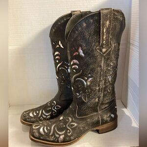 Roper Black and Brown Silver Inlay light distress women Sz8.5 cowgirl Boots